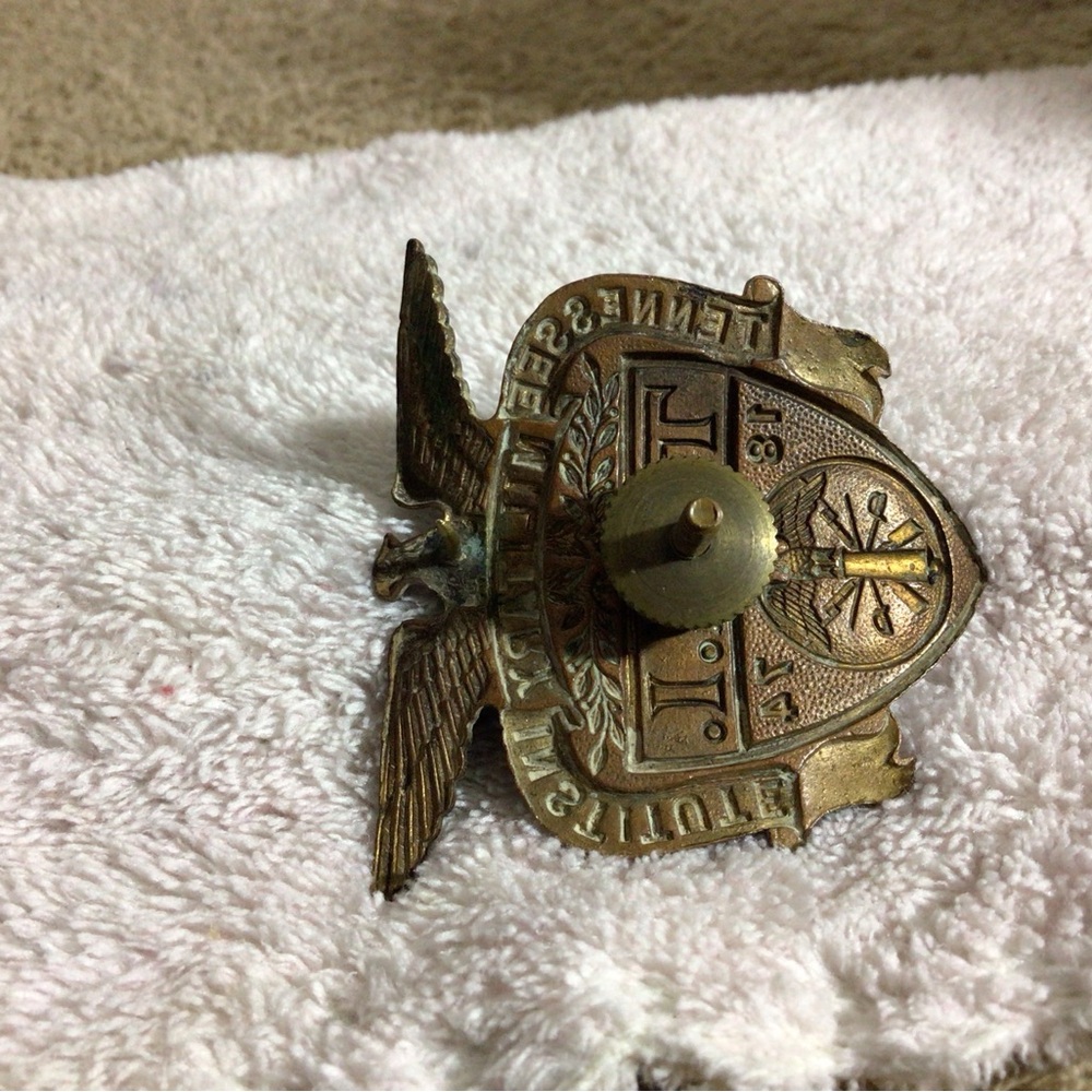 T.M.I. Military Institute Brass Eagle Shield Pin - Blue & Brass - Picture 4 of 15